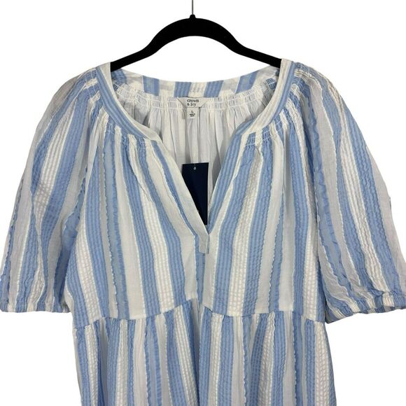 NWT Crown & Ivy Women's Puff Sleeve Printed Blue White Peasant Dress Plus Size L - Picture 3 of 7